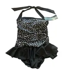 Halter Black White Tie Back Aqua Green Swimsuit Size Small NWT #6986