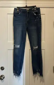 Wonderly Mid Rise Slim Flare Distressed Jeans Dark Blue Denim Size 16 Curvy Plus