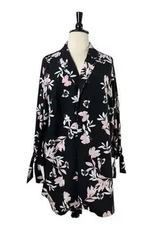Roz & Ali Long Jacket Open Front Tie Sleeves Black Pink Floral Women’s Plus 3X