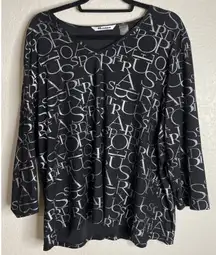 Nygard‎ Womens 2X Black Graphic Slinky Blouse Top 3/4 Sleeve Artsy Career Preppy