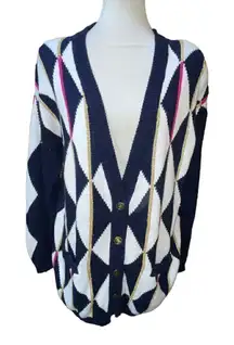 Concepts Button Down Geometric Multi Color Long Sleeve Navy Blue& White Cardigan