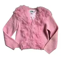 Lisa International Vintage Wool Sweater Jacket Pink Faux Fur Collar Size Medium