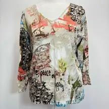 Chico’s Mixed Abstract Print & Inspirational Quotes 100% Cotton 3/4 Sleeve Top