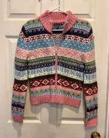 So Fair‎ Isle Cardigan Ski Sweater Large Juniors Zip Front Pink Colorful Y2k