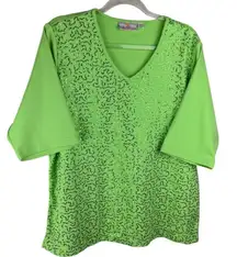 QUACKER FACTORY Sz XL Sequin Front Elbow Sleeve V Neck T Shirt‎ Green
