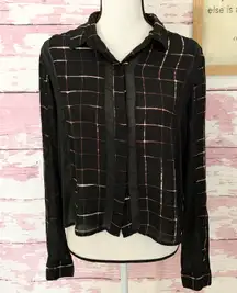 Leith Women’s Plaid Sheer Window Panels Collared Button Down Chiffon Blouse in a size Medium