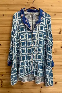 Anthropologie XL Kantha Tunic Long Sleeve Shorts Pajama Set Button Front Relaxed