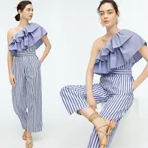 J.Crew One Shoulder Wide Leg Ruffle Jumpsuit Size Medium Coastal Preppy Summer