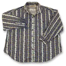 VTG Forelli Women's Blue Floral Stripe Button Up Long Sleeve Shirt Size 26/28