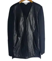 Helmut Lang Black Vneck Cow Leather & Wool Long Sleeve Tunic Top Size Small