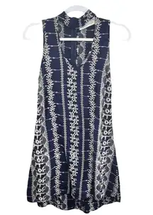 Vintage Havana Sleeveless Mini Dress Blue Size S Embroidered Cut Out Neck Boho