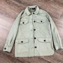 Zara Jacket Women XS Green Oversized Velvet Button Front Pockets Lightweight