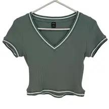 Womens S EZwear V Neck Contrast Piping Rib-Knit Crop Tee Mint Green