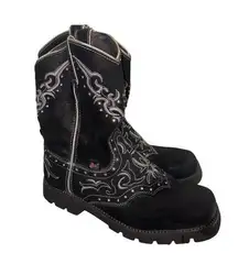 Justin Western Cowgirl Boots Black Leather Rhinestones Embroidery 8B Square toe