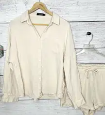 Neutral Cream Button-Up Shirt & Casual Drawstring Shorts Summer Set Size Small