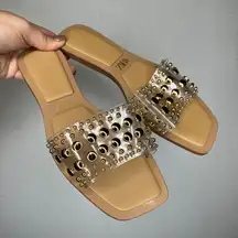 Zara‎ Studded Clear Strap Square Toe Tan Sandals Slides Size 39
