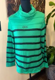 EUC GKITALIYA GREEN AND BLUE STRIPE SWEATER WITH FRON RHINESTONE LOGO SZ M