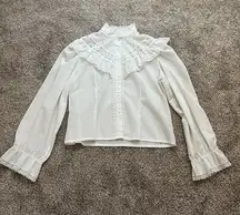 Vintage Victorian Collar Blouse Long Sleeve Ivory Lace Detail Button Up Medium