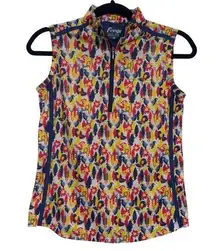 FRINGE Sleeveless Stand Up Collar Knit Golf Top Primrose Yellow Floral NWT XS