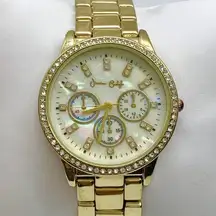 jessica carlyle women’s watch 36mm gold tone pearl dial rhinestones running