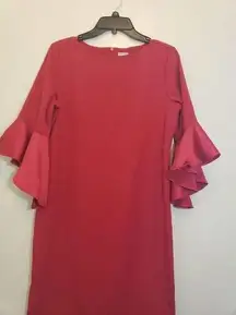 Ruffled Bell Sleeve Sheath Dress Womens Red Crew Neck Chico Sz 00, US 2