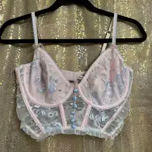 VS For Love & Lemons Foil Rose Pink Blue Sheer Mesh Bustier Coquette Top Large