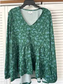 True Craft Green Floral Tiered V Neck‎ Long Sleeve Peplum Blouse Top XL