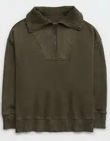 Aerie Womens Down-to-earth Quarter Zip Sweatshirt Nomad Olive Size‎ Medium