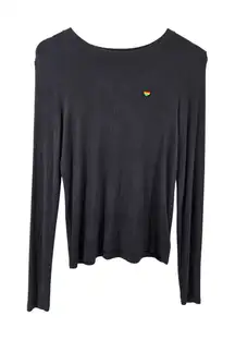 Spiritual Gangster Blue Ribbed Long Sleeve Top Rainbow Heart Graphic Large