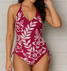 Kona Sol One Piece Swimsuit Size Medium Burgundy Floral Ring Halter