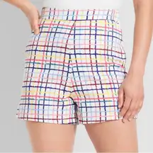 Modcloth High Waist Party Streamers Shorts Blue Pink Rainbow Plaid 12 NWT