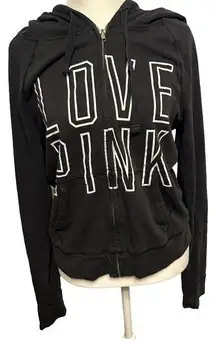 Pink Victoria Secret Womens Hoodie Black Size M Logo Full Zip Spellings