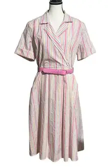 Vintage Schrader Petite Striped Pink Belted Shirt Dress Size 14 Short Sleeve