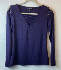🌞Rock & Republic Heather Purple V Neck Crisscross Detail Long Sleeve Shirt A-75