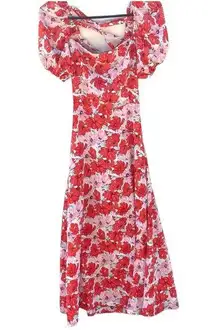 Dizzy Lizzy Womens small pink and red floral puff sleeve corset back maxi dress