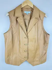 Vintage Coldwater Creek Women’s Leather Vest L Tan Notch Collar Button Front