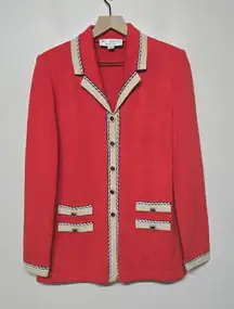 St. John Collection by Marie Gray Red Knit Blazer Jacket Sz 6 Gold Button Flaw