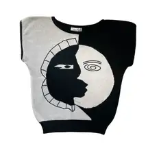 Vintage Jaymee Papell abstract two face moon acrylic black and white top