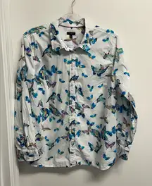 Talbots White Shirt with Blue and Green Butterfly Print