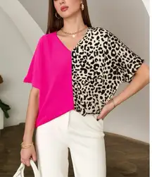 Contrast Pink & Leopard Colorblock V Neck Boutique Top Short Sleeve Shirt