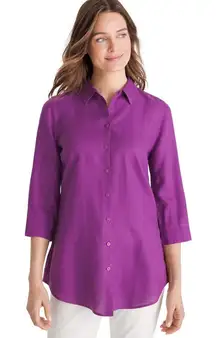Chico's 100% Linen No Iron Button Down Shirt Size 1 (8/10)‎ Purple 3/4 Sleeve