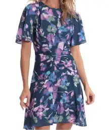 Donna Morgan V-Front Bell Sleeve Navy Blue & Pink Floral Mini Dress Size 4