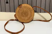Round Woven Tan Crossbody Bag