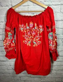 Free People‎ Red Fleur Du Jour off the shoulder embroidered floral dress small