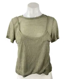 NEW Oak + Fort Women Green Ribbed Knit Short Sleeve Tank T Shirt Tee Top Size S