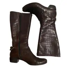 Anthropologie Biviel Chocolate Brown Croc Embossed Leather Mid Calf Riding Boots Size 7