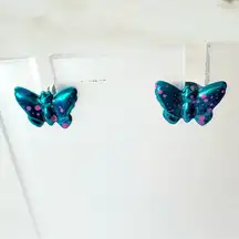 Vintage Dainty Teal and Pink Butterfly Earrings Studs Hypoallergenic