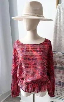 Free People  Chinoiserie Flowers Red Printed Long Dolman Sleeves Peplum Top Small