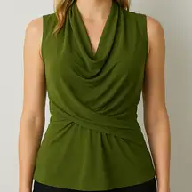 Norma Kamali Olive Sleeveless Drape-Neck Blouse Size XL Designer Modern Office