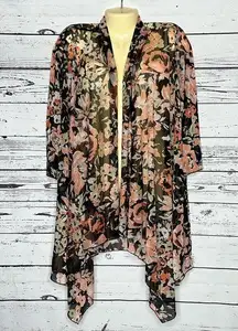 Susan Graver NWOT Sz L Black & Pink Floral Print Open Front Mesh Cardigan Jacket